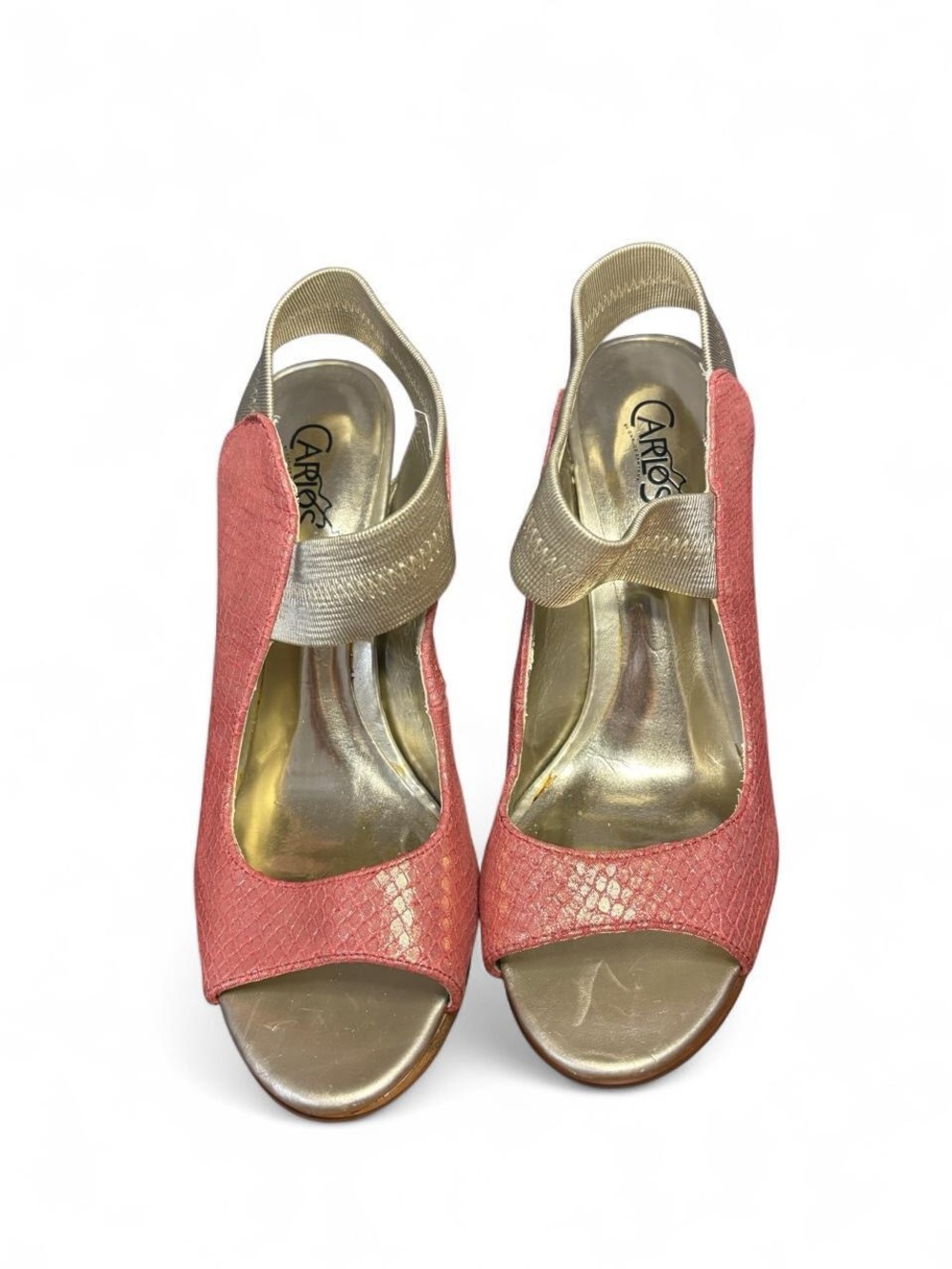 Carlos Santana Snakeskin Coral & Gold Peep-Toe Slingback Heels